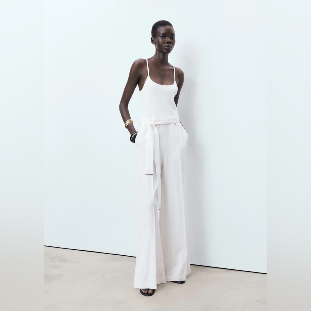 Mango Wide Leg Jumpsuit Size Medium White Belted Sleeveless